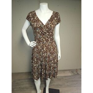 VTG 90s dBy Ltd Geometric V-Neck Dress Brown Blue Cap Sleeve Size 14